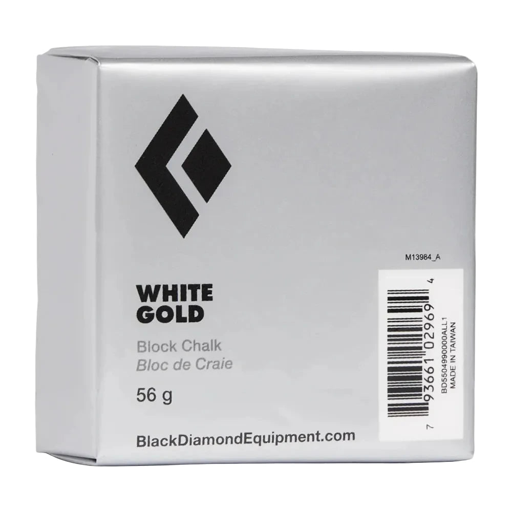 A silver block of Black Diamond White Gold Block Chalk, 56g, featuring the Black Diamond logo 