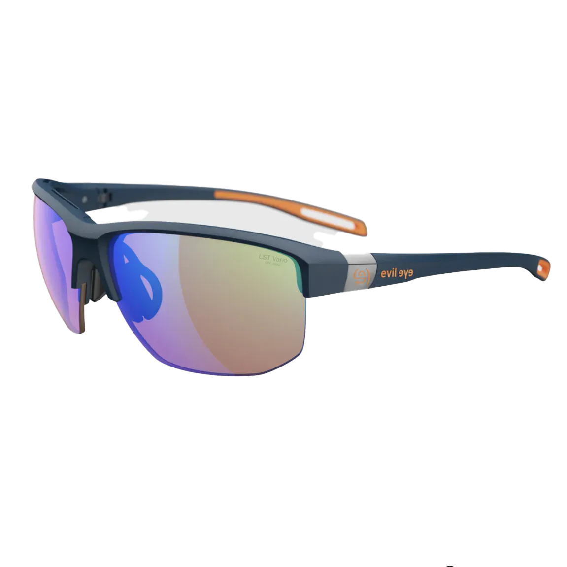Sunglasses with blue and purple gradient lenses on a white background