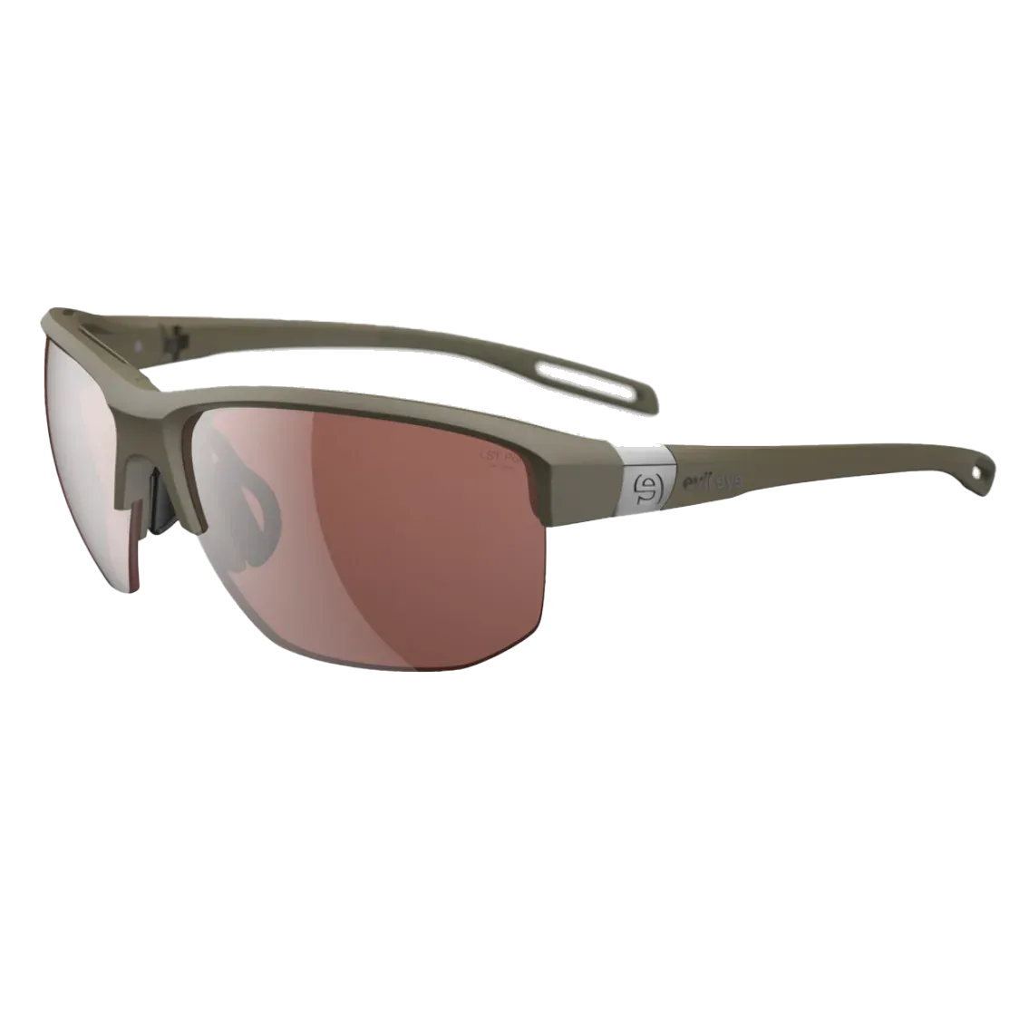 Sunglasses with brown lenses and a metallic frame on a white background