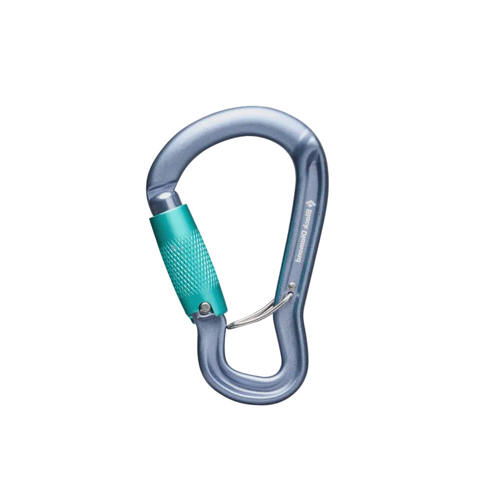 Carabiner with blue and silver design on a light gray background