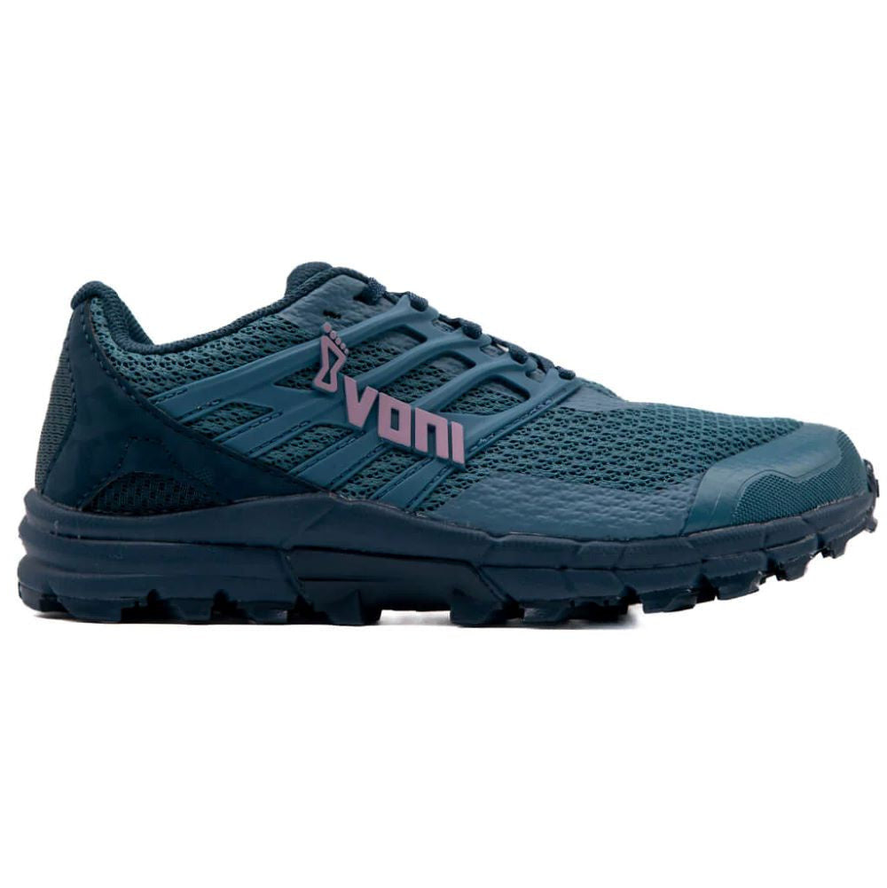 A pair of blue INOV8 Trailtalon 290 trail running shoes with a textured upper and sticky rubber outsoles.
