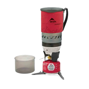 Red camping stove with MSR logo