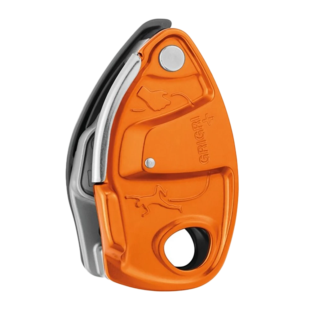 Orange climbing belay device with grigri logo on a white background