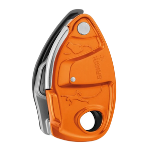 Orange climbing belay device with grigri logo on a white background