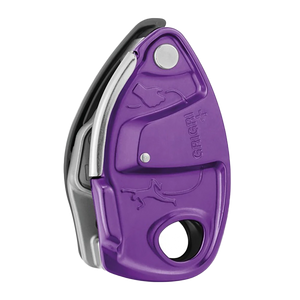 Purple climbing belay device with grigri logo on a white background