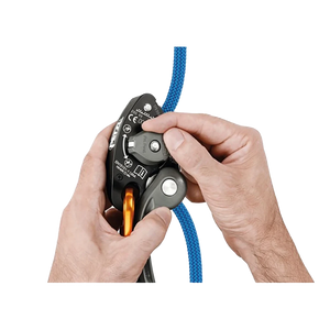 Person using a climbing belay device with a blue rope on a white background