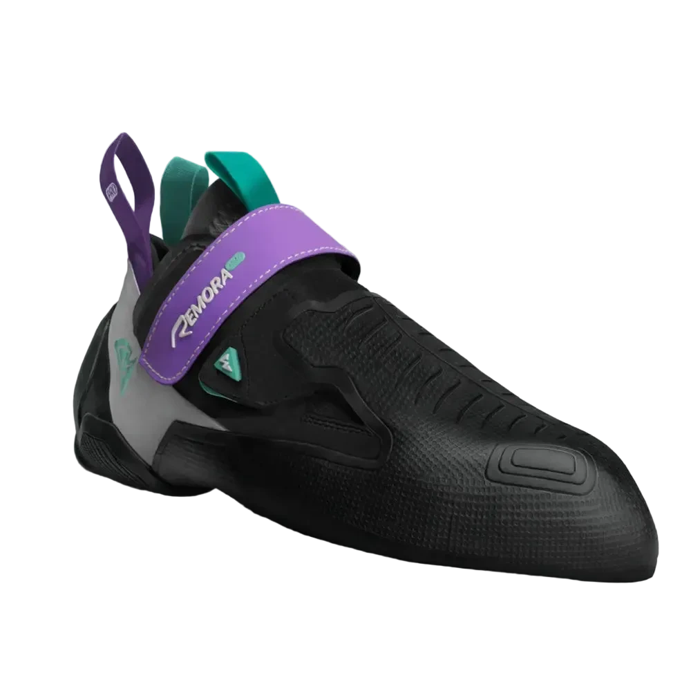 Black climbing shoe with purple and teal accents on a light gray background