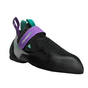 Black climbing shoe with purple and teal accents on a light gray background