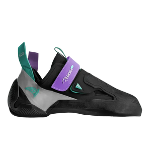 Black climbing shoe with purple and teal accents on a gray background