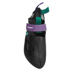 Black climbing shoe with purple and green accents on a light gray background