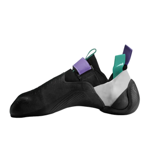 Black climbing shoes with purple and green accents on a light gray background