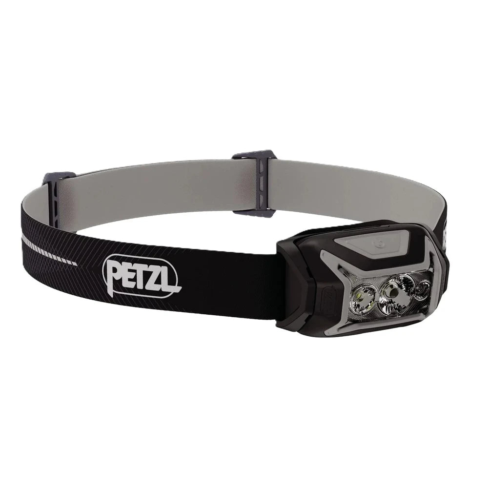 Headlamp with teal strap and black and green headband on a white background, featuring Petzl logo.