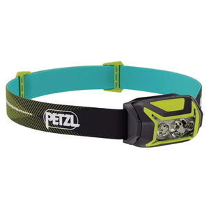 Headlamp with teal strap and black and green headband on a white background, featuring Petzl logo.