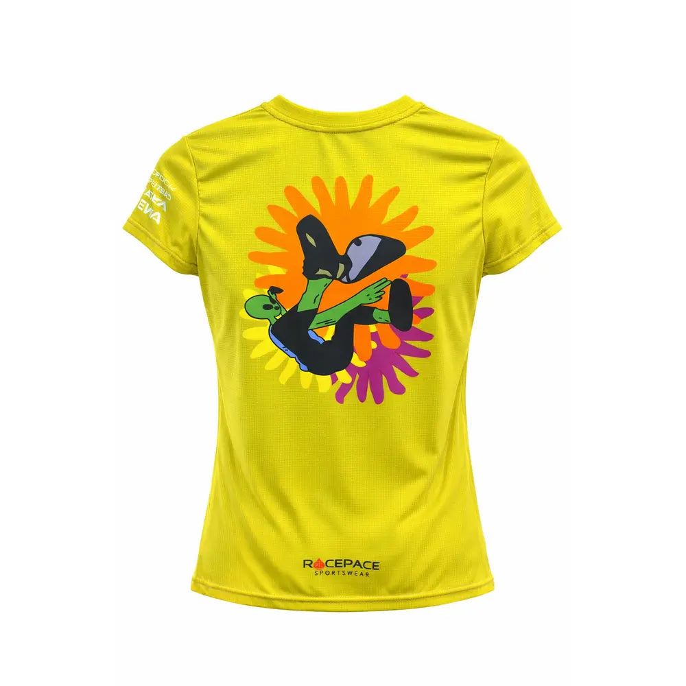 Yellow t-shirt with a colorful graphic of a skateboarder and sunflower design on a white background