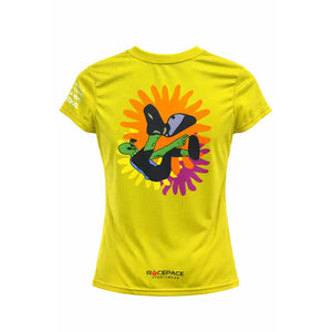 Yellow t-shirt with a colorful graphic of a skateboarder and sunflower design on a white background