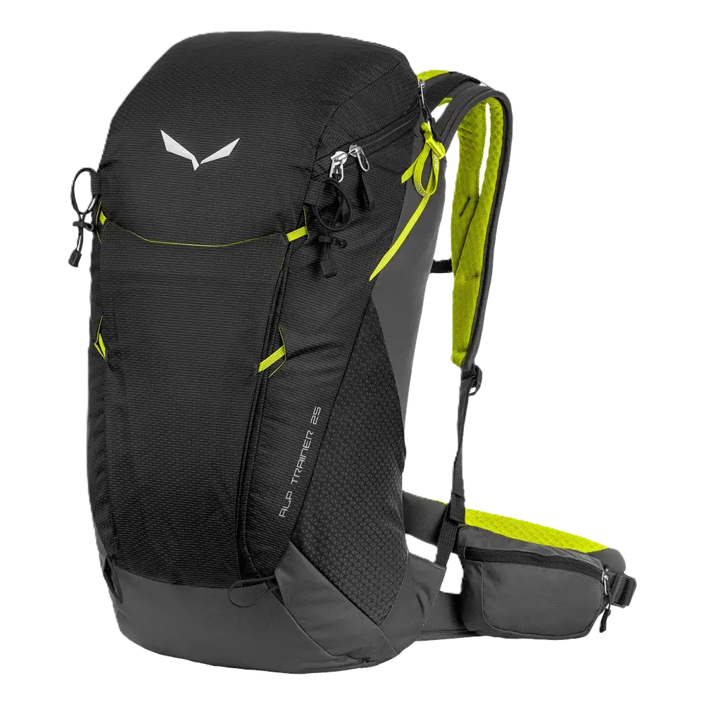 Black hiking backpack with green accents
