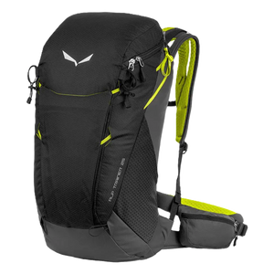 Black hiking backpack with green accents