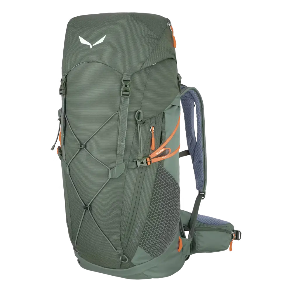 Gray hiking backpack with green accents on a white background