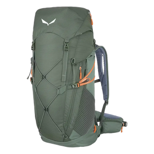 Green hiking backpack with orange accents on a white background