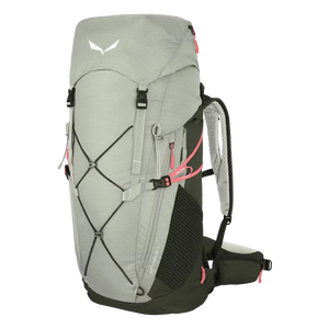 Gray hiking backpack with olive green straps on a white background
