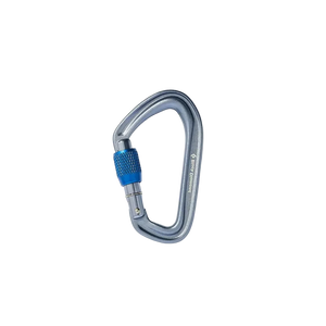 Silver carabiner with blue lock on a light gray background