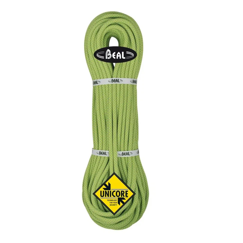 A coiled lime green climbing rope with visible Bocal and Unicore branding, shown against a plain white background.