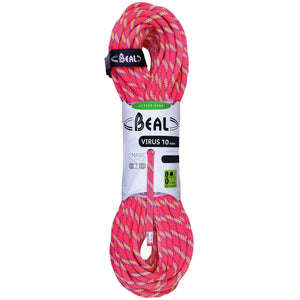 Pink and white twisted rope coiled with its white paper packaging label, featuring the brand name 'Beal' and product name 'Virus 10mm'.