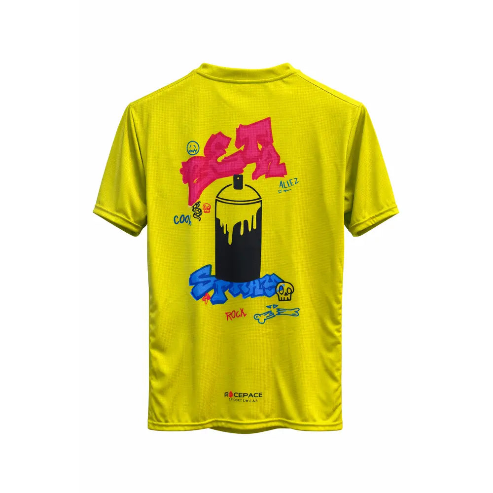Yellow t-shirt with a colorful graphic of a skateboarder and sunflower design on a white background