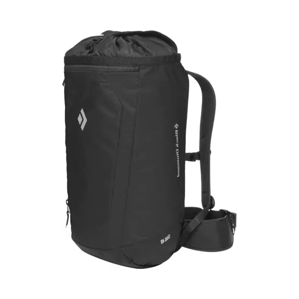 Black backpack with a drawstring top on a white background