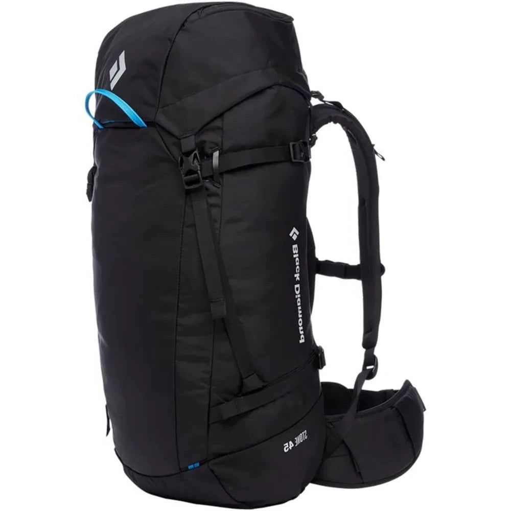 Black hiking backpack with visible brand logo on a white background