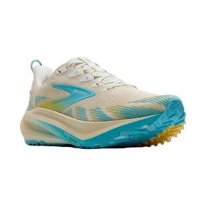 Beige and blue running shoe with yellow sole on a white background