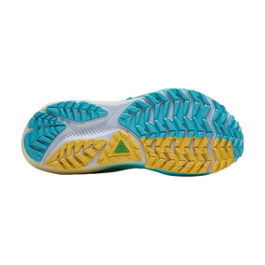 Side view of a sports shoe with blue and yellow sole on a white background