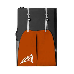 Folded saffron Mad Rock crash pad with orange front panel and gray side panels on a White background