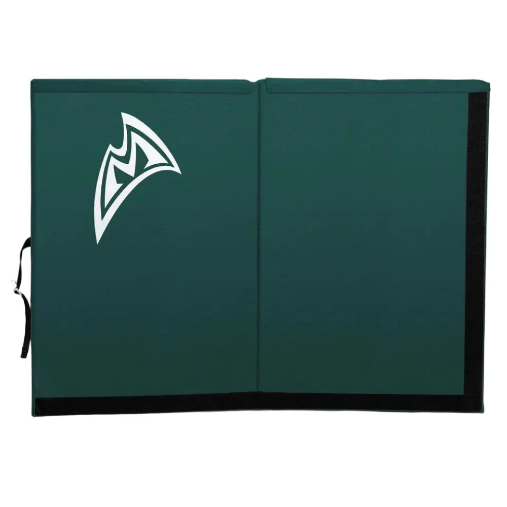 A dark green foam landing pad or gym mat with a white Mad Rock logo on the left side, shown open against a white background.