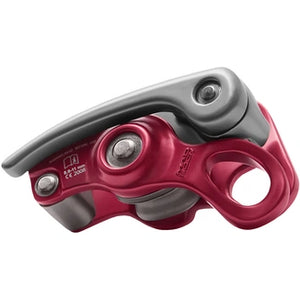Red and gray madrock belay device on a white background