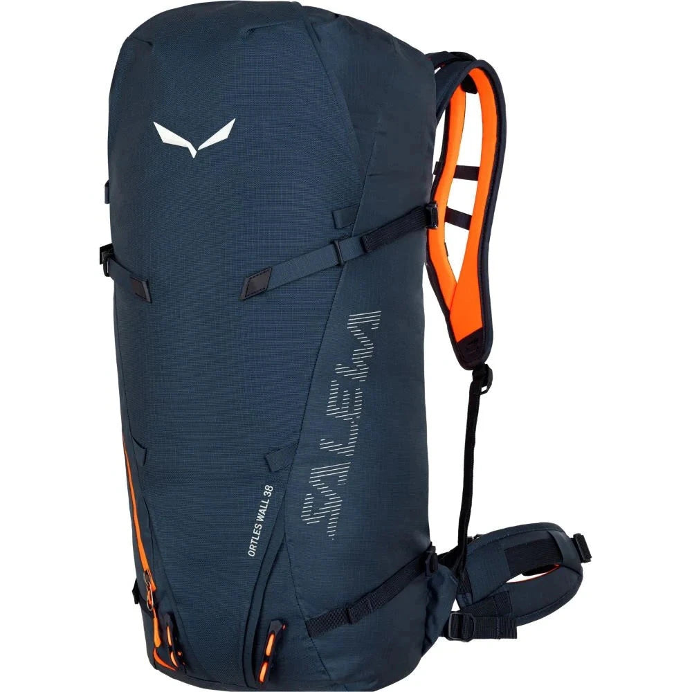 Blue backpack with orange accents on a white background