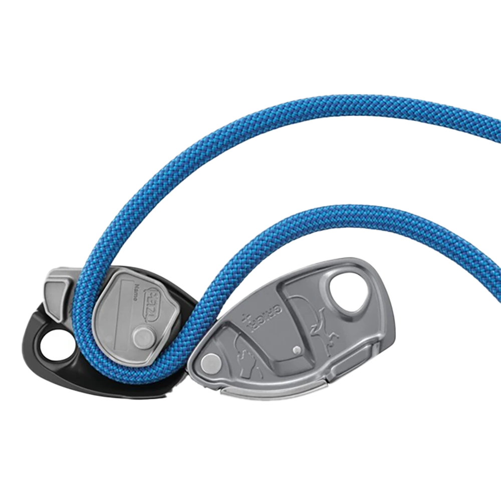 Orange climbing belay device with grigri logo on a white background