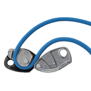 Petzl Grigri+ belay device with a blue rope on a white background