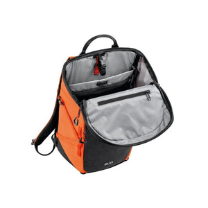 Orange and black backpack with open front compartment on a white background