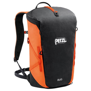 Orange and black backpack with Petzl logo on a white background