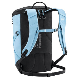 A Petzl backpack shown from the back, featuring a black main body with light blue padded shoulder straps and side panels, plus black webbing straps and buckles, on a white background.