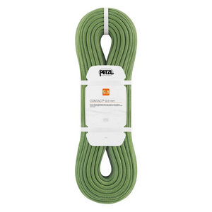 Green climbing rope with Petzl label on a white background