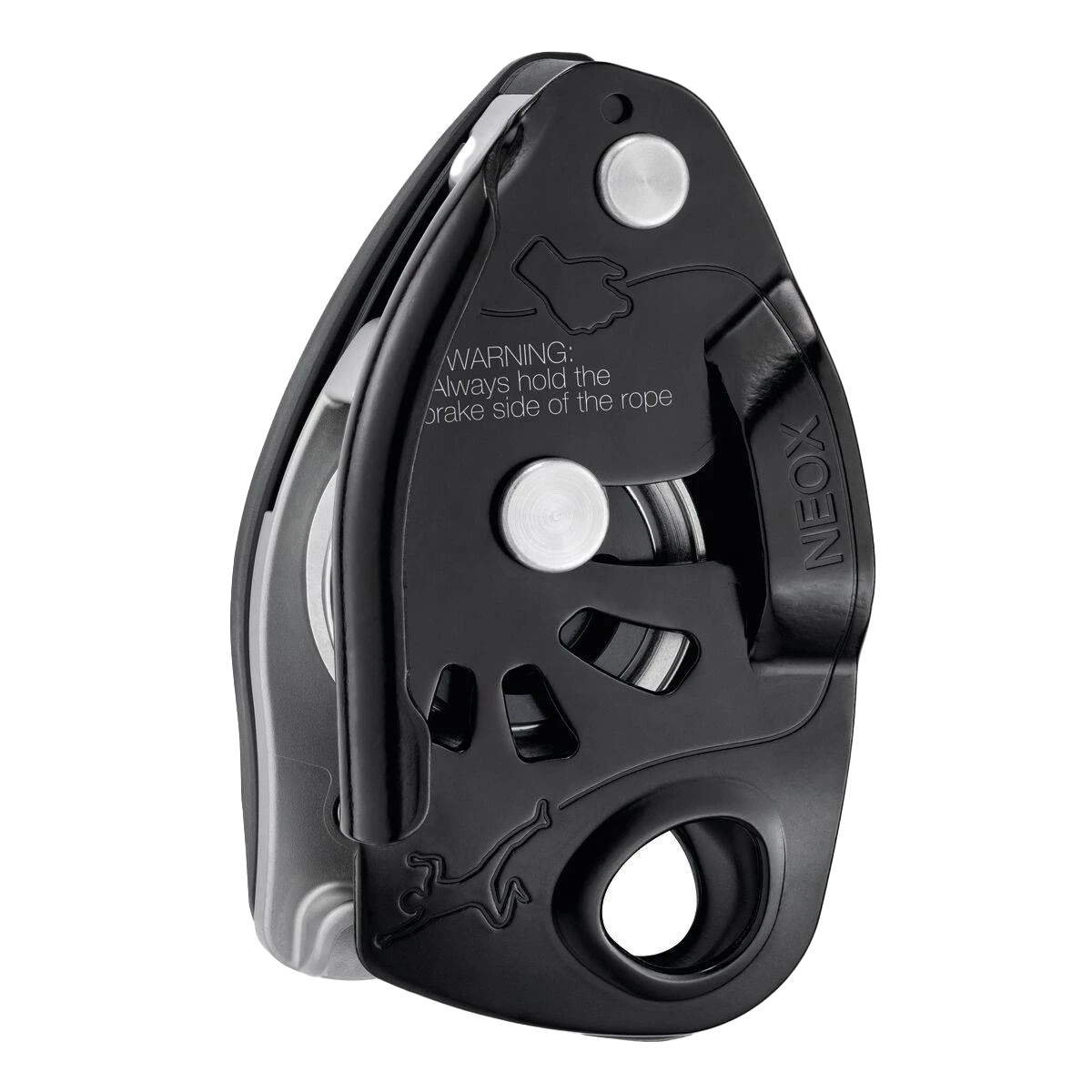 Grey belay device with 'Neox' branding on a white background