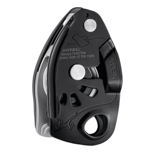 Black belay device with 'Neox' branding on a white background