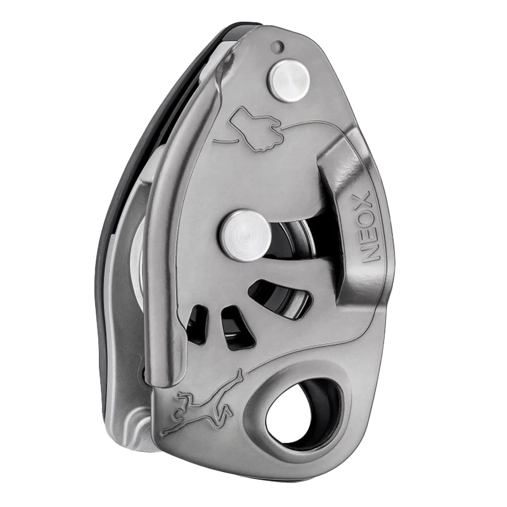 Grey belay device with 'Neox' branding on a white background