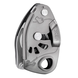 Grey belay device with 'Neox' branding on a white background