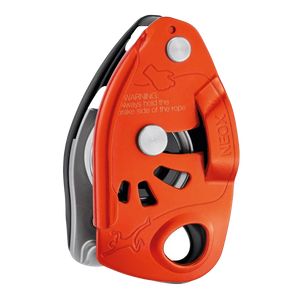 Orange belay device with 'Neox' branding on a white background