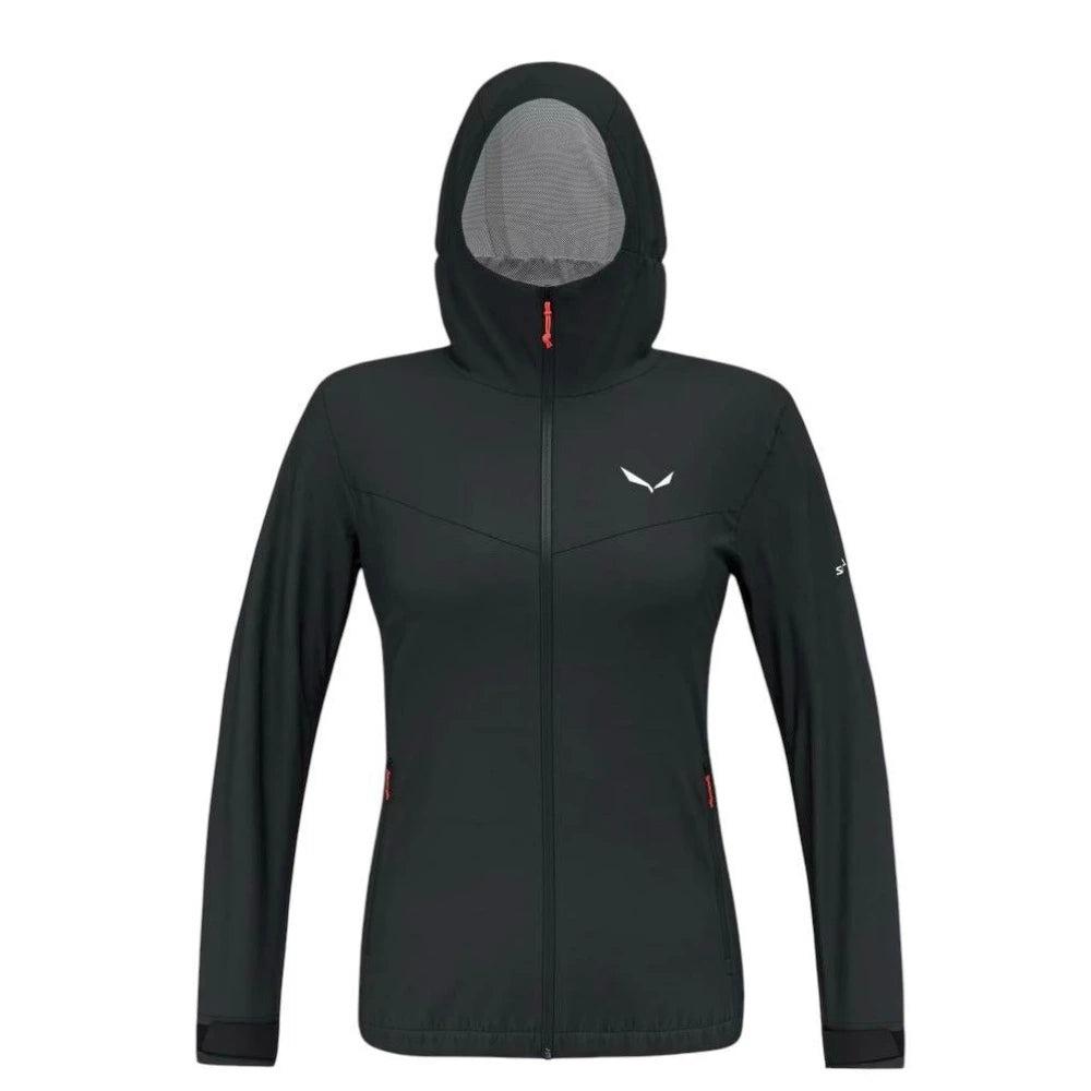 Black hooded jacket with a brand logo on a white background