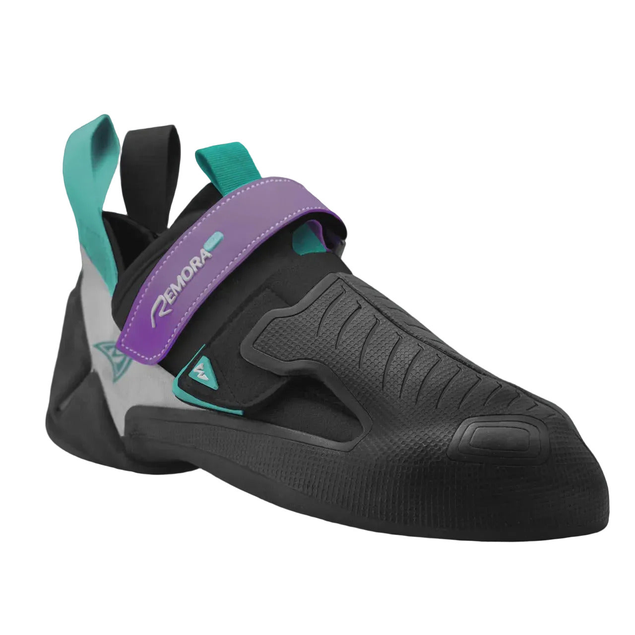 Black climbing shoe with purple and teal accents on a gray background