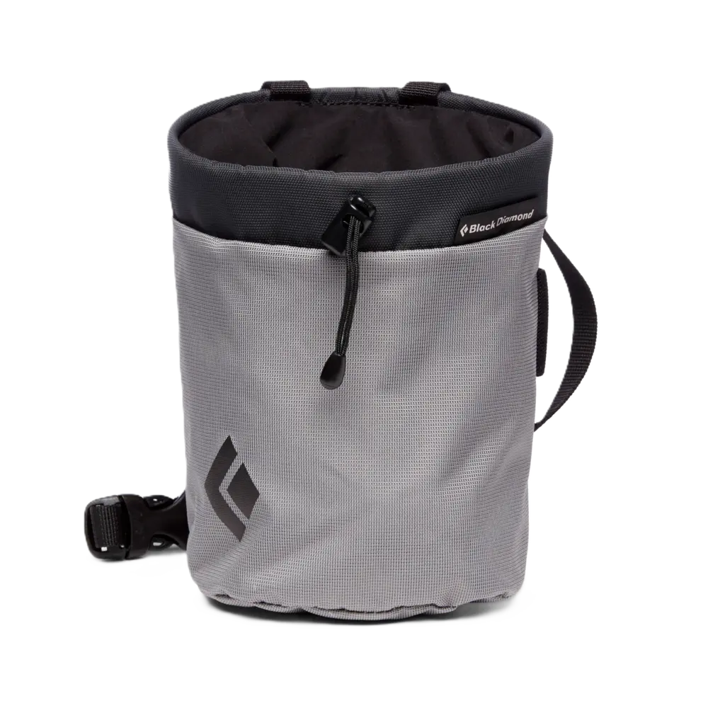 Gray chalk bag with black drawstring and Black Diamond logo on a white background